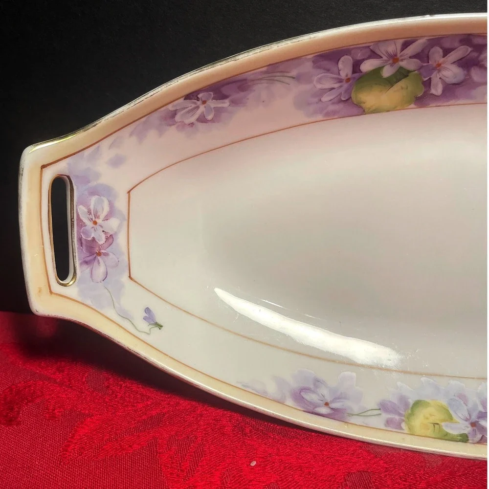 Antique Nippon Porcelain Celery Dish 1930s Purple Floral Oblong Made in Japan